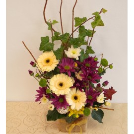 Aranjament toamna cu gerbera si crizanteme, flori toamna