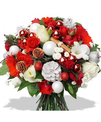 Buchet de sarbatori cu flori si accesorii albe si rosii