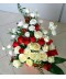 Aranjament floral elegant in alb si rosu cu trandafiri si lisianthus