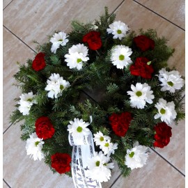 Coronita funerara cu flori albe si rosii