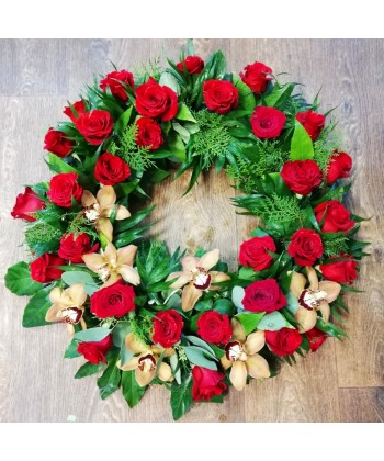 Coroana funerara rotunda din trandafiri, coroana orhidee