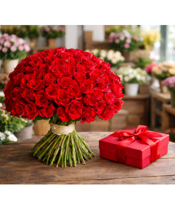 Buchet 101 trandafiri si praline livrare cadou online