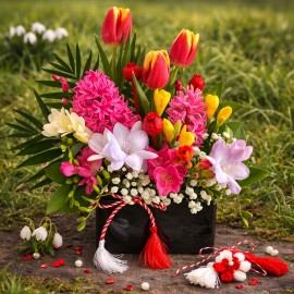 Cutie cu flori de primavara colorate si fluturas