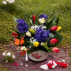 Aranjament flori primavara cu frezii, lalele si zambile