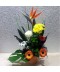 Aranjament floral cu crizanteme, gerbera, strelitzia si un trandafir alb
